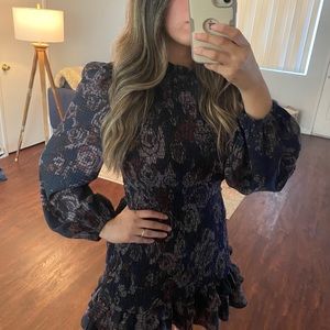 Zara Floral Long Sleeve Shirred Mini Dress